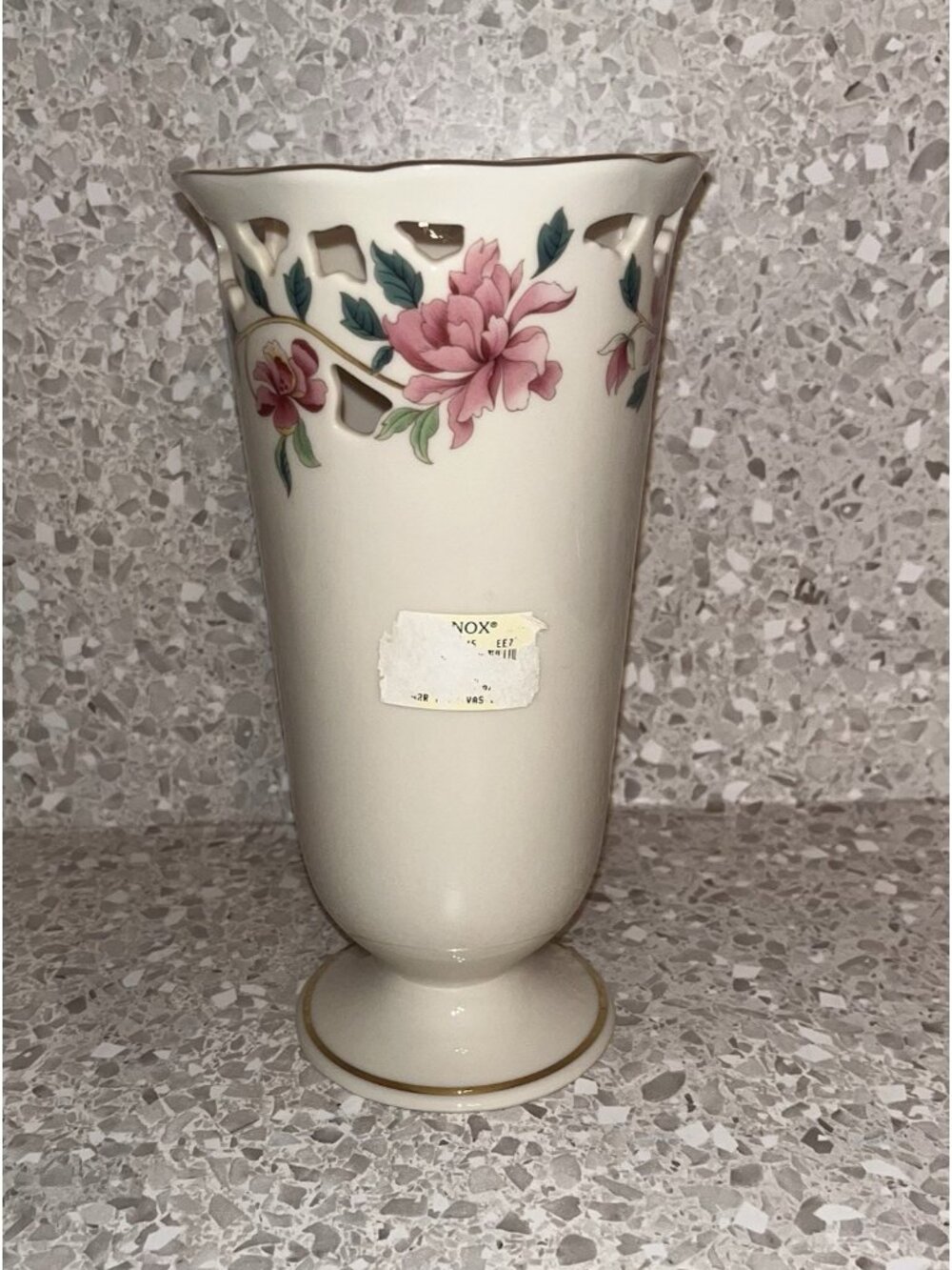 Lenox Barrington Collection Vase Ivory Pink Floral Pierced Lattice Gold Trim